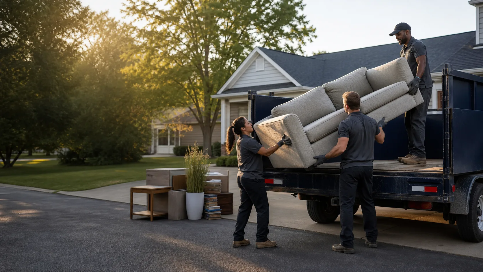 Fictional Clearline crew loading a sofa